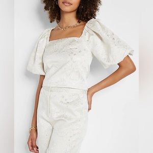 Metallic jacquard puff sleeve crop top